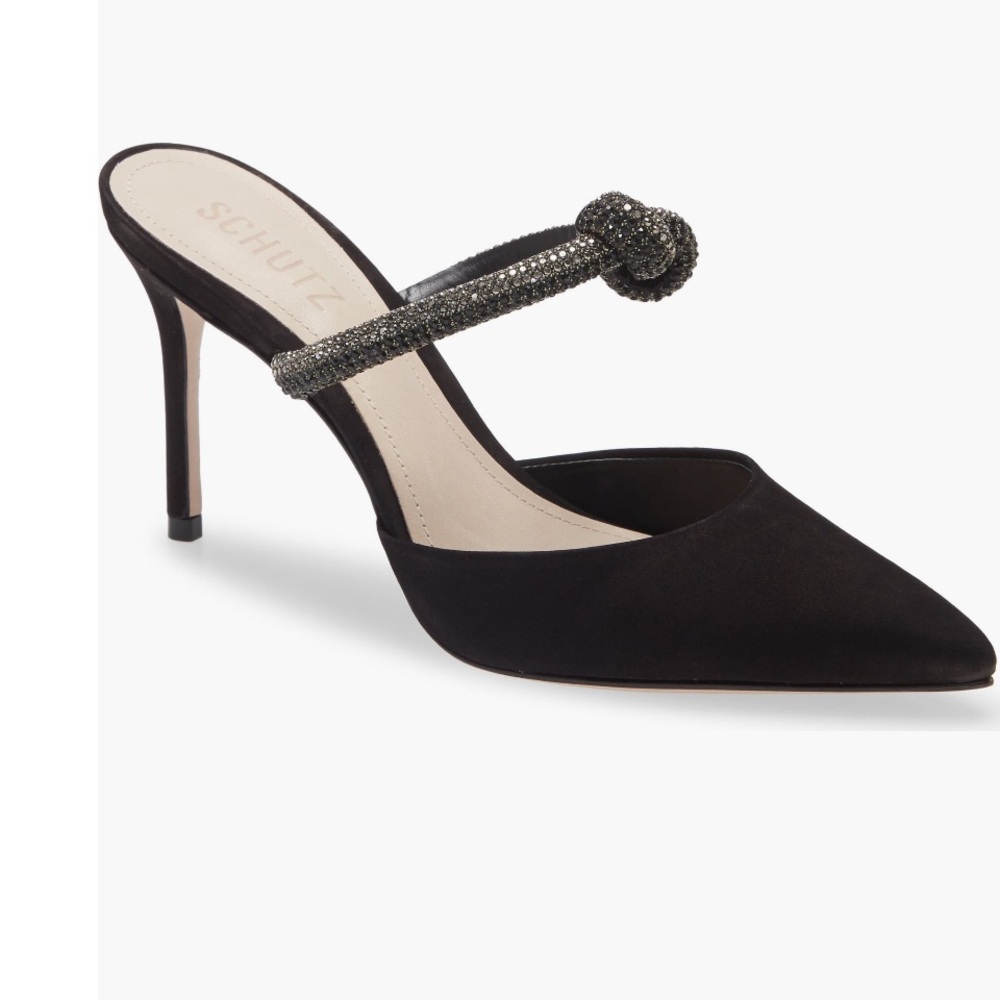 Schutz Black Suede Pearl Pointed Toe Mules Size 8.
